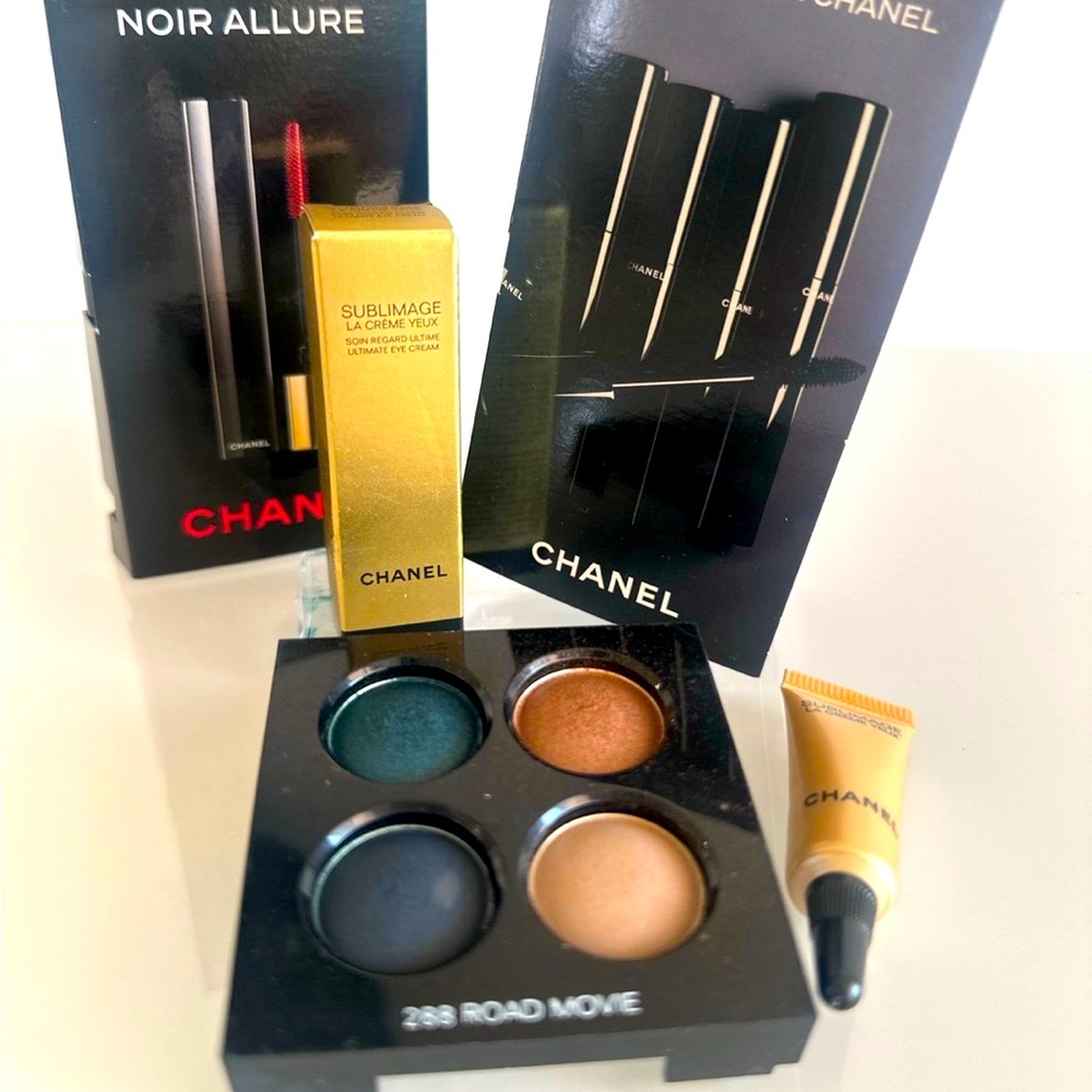 Chanel make up and skin care, Chanel eyeshadow, black mascara samples, eye cream